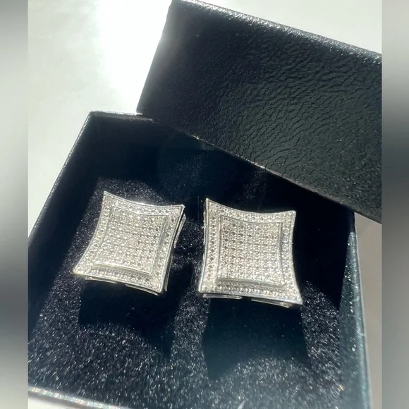 Mens 14K White GoldOver Solid Sterling SilverDiamonds DesignerEarrings